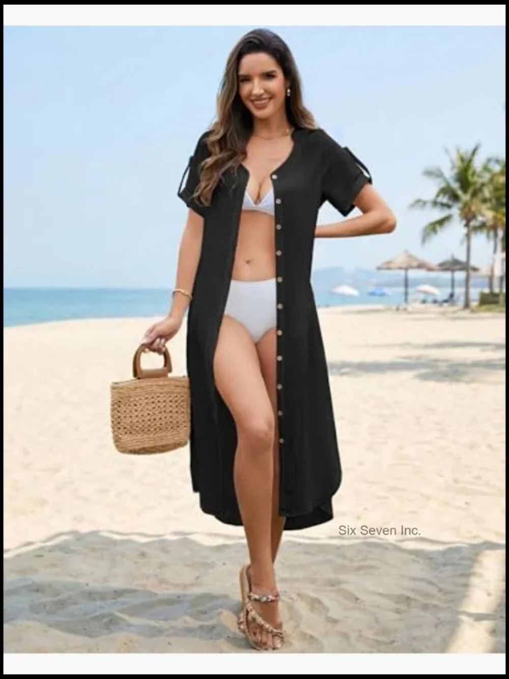 Swimsuit Coverup Button Down Casual Summer Dress with Pockets - Picture 3 of 7